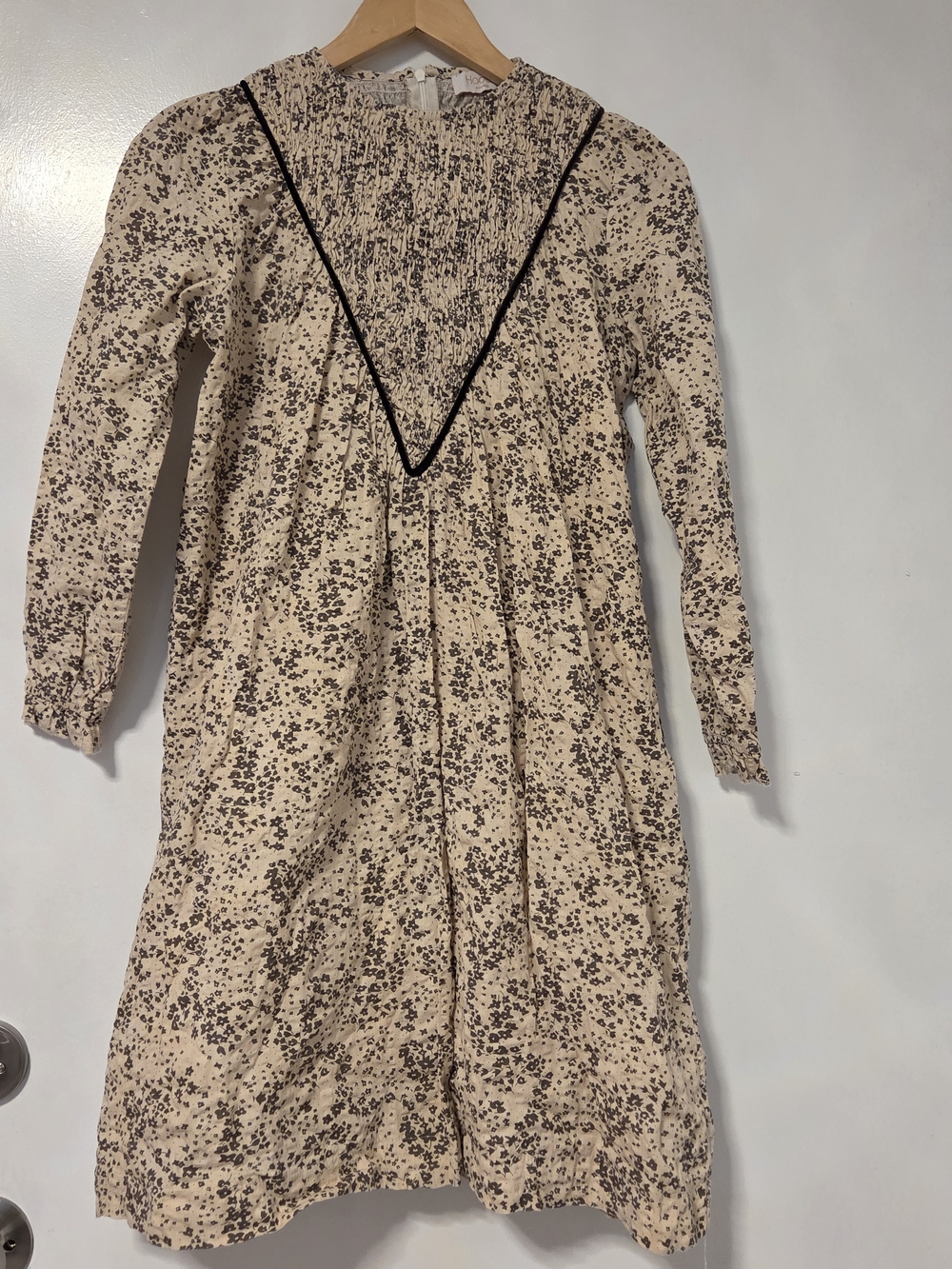 Cream Floral Long-Sleeve Girls' Dress with Contrast Trim